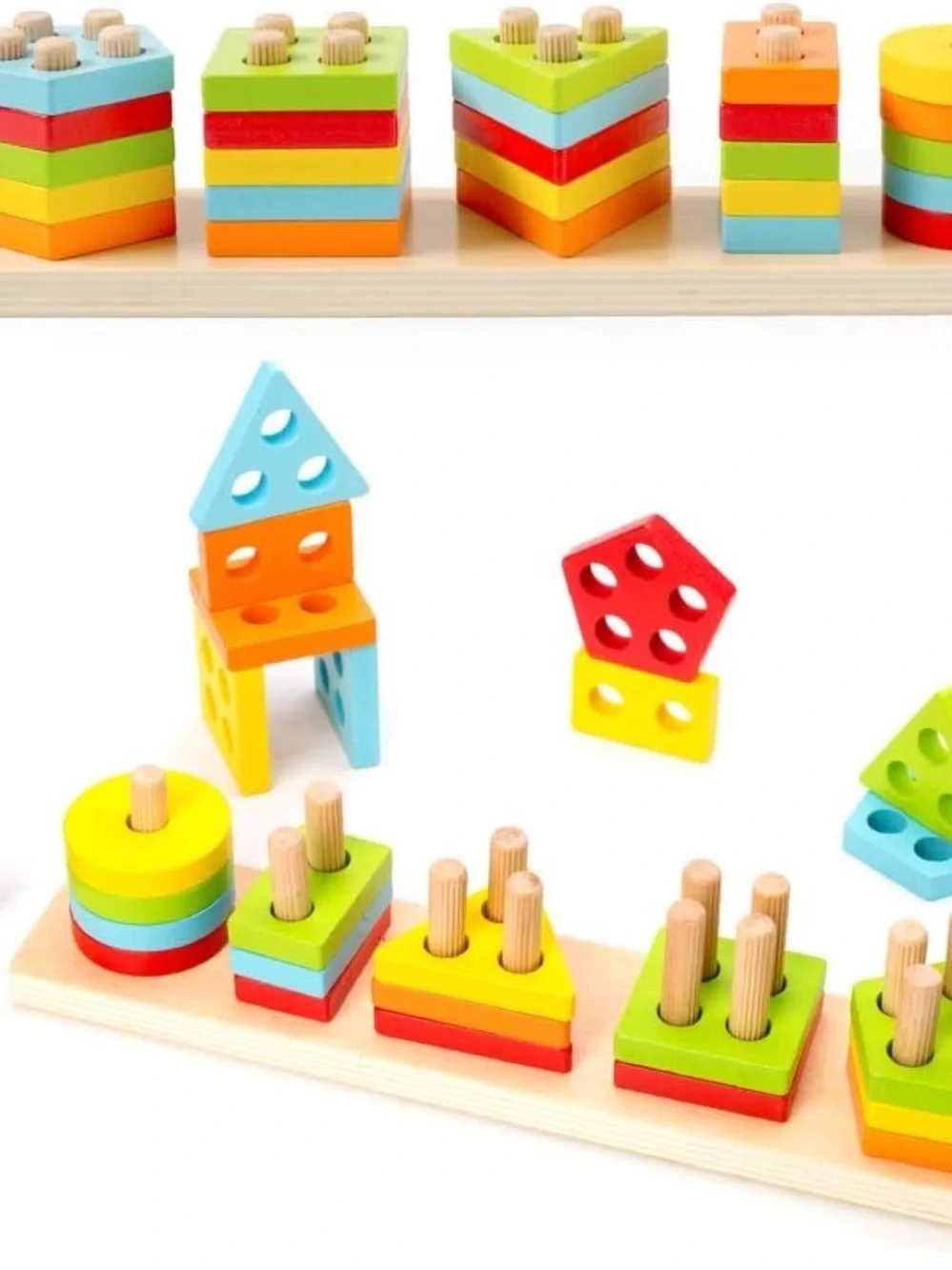 Wood City Montessori Wooden Shape Sorting & Stacking Puzzle (Ages 1-3)